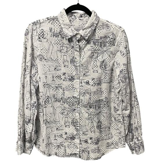 Chico’s Made For Vacation Eyelet Button Down White Black Beach Scene Size 12/14 - Picture 1 of 6